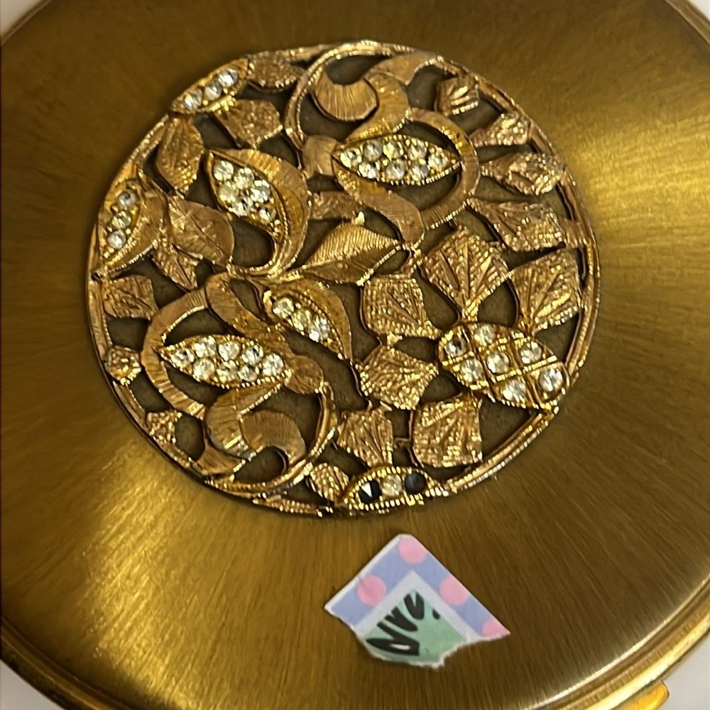 Vintage KIGU Gold Tone Compact with Leaf & Crystal Design. No powder. not used